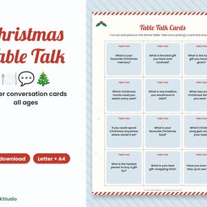 Tarjetas de conversación navideñas para la mesa, temas imprimibles para iniciar conversaciones en la cena de Navidad, juego de mesa familiar imagen 1
