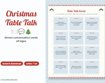 Op de afbeelding: Een printbaar vel met kerstgesprekskaartjes met twaalf vragen in lichtblauwe vakjes met rood gestippelde randen. De kop luidt Table Talk Cards met hulst-iconen. De tekst bevat vragen over kerstherinneringen, cadeaus, tradities en favoriete kerstgerechten.