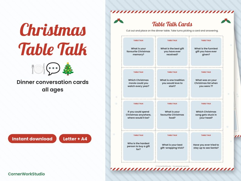 Tarjetas de conversación navideñas para la mesa, temas imprimibles para iniciar conversaciones en la cena de Navidad, juego de mesa familiar imagen 1