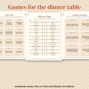 May include: Three printable sheets titled Games for the dinner table featuring Table Talk cards, a This or That comparison list, and Would You Rather question cards. The design uses a cream background with brown text and soft peach accents.