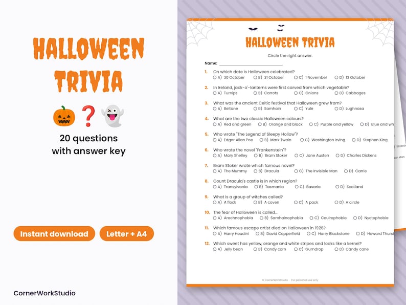 Jeu-questionnaire d'Halloween à imprimer, 20 questions avec réponses (téléchargement numérique) image 1