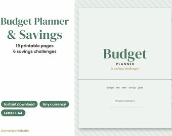 May include: A printable budget planner and savings tracker featuring 19 pages and 6 savings challenges. The cover displays the text Budget Planner & savings challenges, with sections for budget, bills, debt, savings, and goals, plus a line for ownership.
