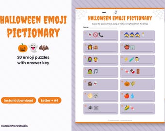 May include: A Halloween Emoji Pictionary game sheet featuring twenty emoji-based puzzles to guess spooky movies, songs, or phrases. The white paper includes orange text, spider web graphics, and a list of numbered lines for writing answers.