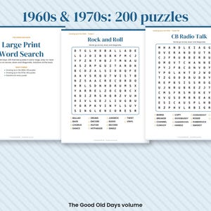 May include: A collection of three white pages from a large print word search book titled 1960s & 1970s: 200 puzzles. The pages feature dark blue text, including the titles Rock and Roll and CB Radio Talk, with grids of letters and lists of words.