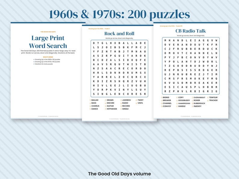 May include: A collection of three white pages from a large print word search book titled 1960s & 1970s: 200 puzzles. The pages feature dark blue text, including the titles Rock and Roll and CB Radio Talk, with grids of letters and lists of words.