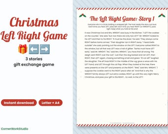 Puede incluir: Un juego navideño Left Right imprimible con tres historias para un intercambio de regalos. El documento incluye el título, instrucciones, un icono de regalo, flechas direccionales y el texto de la historia 1, enmarcado por un borde a rayas rojas y blancas.