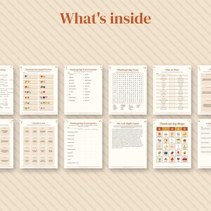 May include: A collection of twelve printable Thanksgiving game sheets arranged in two rows, featuring the text What's inside at the top. The set includes trivia, emoji pictionary, word scrambles, word searches, bingo, and conversation cards.