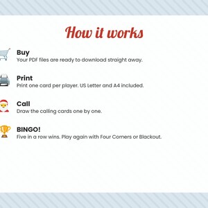 May include: An instructional graphic titled How it works with four steps: Buy with a shopping cart icon, Print with a printer icon for US Letter and A4, Call with a Santa icon, and BINGO! with a trophy icon explaining five in a row wins.