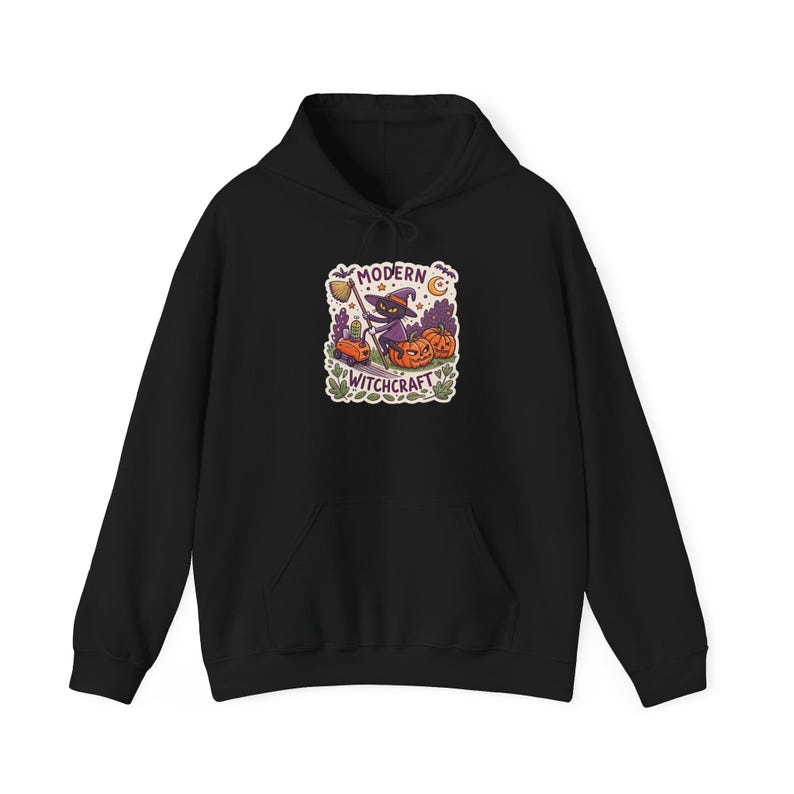 Modern Witchcraft Cat Robot Vacuum Halloween Hoodie, Funny Spooky Season Hoodie, Quirky Halloween Gift image 2