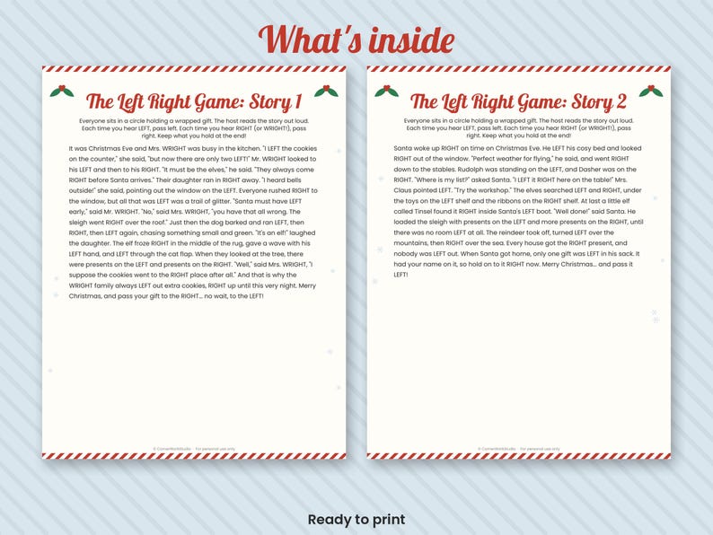 Kerstspel Links Rechts, 3 printbare verhalen, cadeautjes uitwisselen (digitale download) afbeelding 2