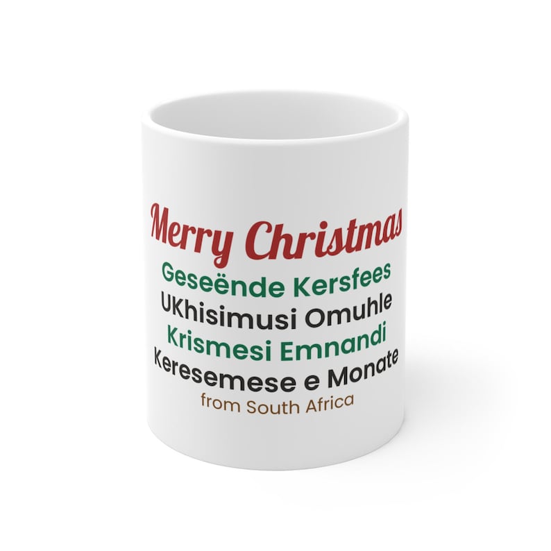 Südafrikanischer Weihnachtsbecher, Frohe Weihnachten in 5 Sprachen: Afrikaans, Zulu, Xhosa, Sesotho – Geschenkidee Bild 1