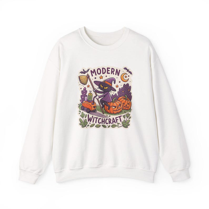 Modern Witchcraft Cat Robot Vacuum Halloween Sweatshirt, Funny Spooky Season Sweatshirt, Quirky Halloween Gift afbeelding 1