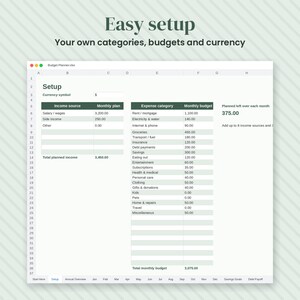 May include: A digital budget planner spreadsheet interface titled Easy setup Your own categories, budgets and currency. The spreadsheet displays columns for income sources, monthly plans, expense categories, and monthly budgets with numerical data.