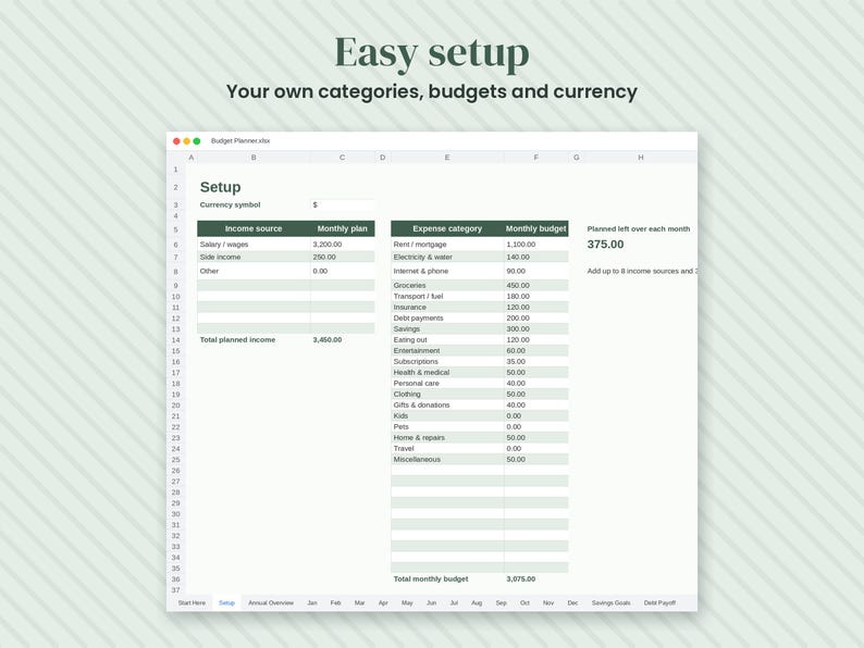 May include: A digital budget planner spreadsheet interface titled Easy setup Your own categories, budgets and currency. The spreadsheet displays columns for income sources, monthly plans, expense categories, and monthly budgets with numerical data.