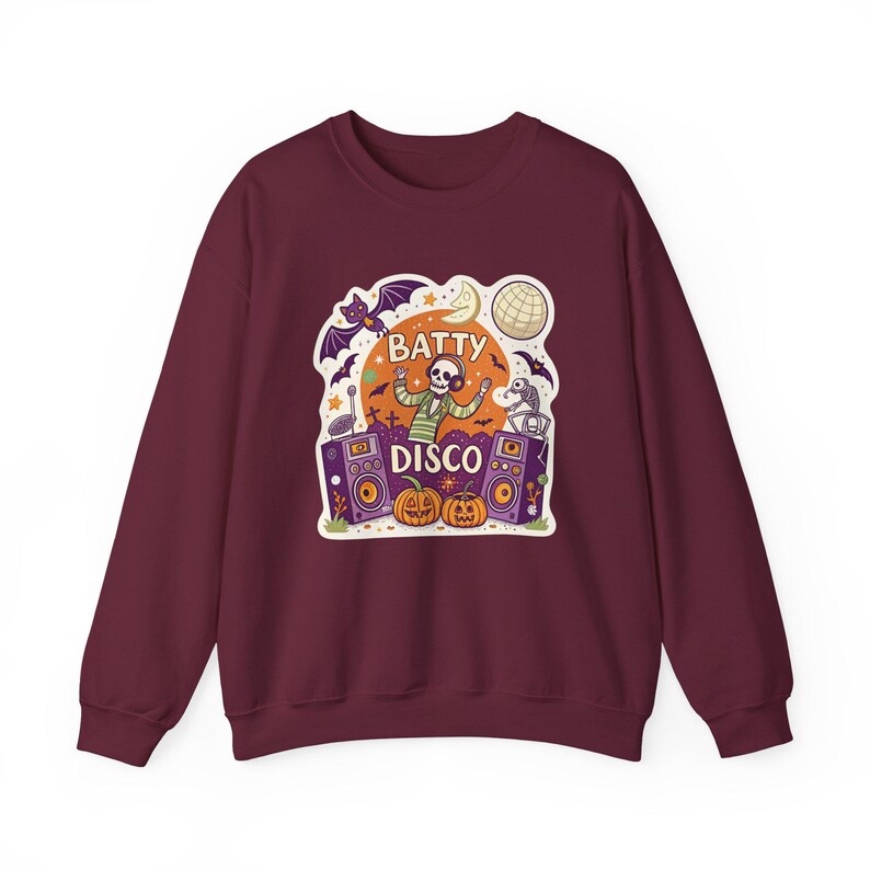 Batty Disco Dancing Bats Halloween Sweatshirt, Funny Spooky Season Sweatshirt, Quirky Halloween Gift Bild 4
