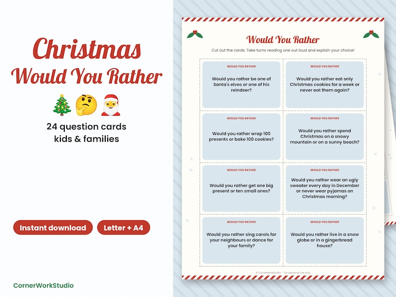 Christmas Would You Rather Cards, Family Conversation Game (Digital Download) image 1
