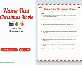 May include: A printable Name That Christmas Movie game sheet featuring 15 movie plot descriptions to identify. The document includes a title, a list of numbered clues, and small icons of a movie clapperboard, a Christmas tree, and popcorn.