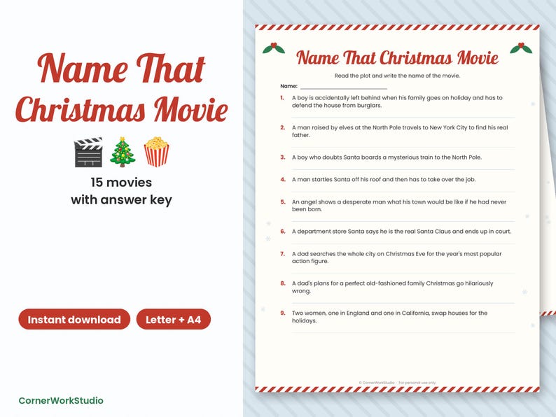 Name That Christmas Movie Game, Printable Christmas Movie Trivia, Guess the Movie Plot, Party Game with Answers image 1
