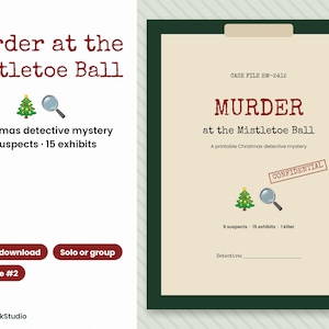 Printbaar kerstmoordmysteriespel, detectivedossier, kerstfeestspel voor volwassenen, los de misdaad op, escape room afbeelding 1
