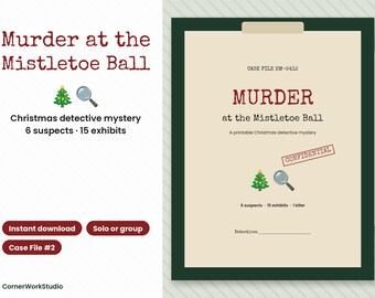 Peut inclure: Un jeu de mystère policier de Noël imprimable intitulé Murder at the Mistletoe Ball, Case File HM-2412. Le document présente un tampon rouge Confidential, une icône de loupe, une icône de sapin de Noël et 6 suspects.