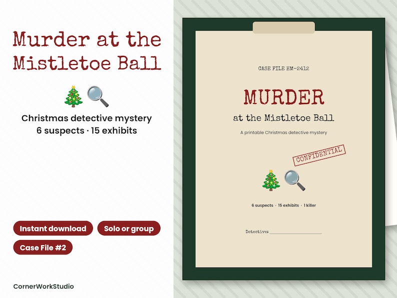 Printbaar kerstmoordmysteriespel, detectivedossier, kerstfeestspel voor volwassenen, los de misdaad op, escape room afbeelding 1