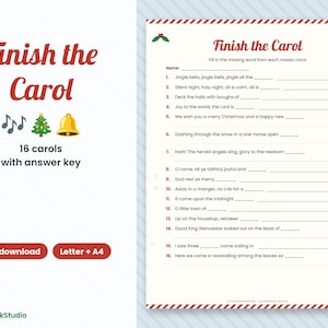 Completa el juego de villancicos navideños, cuestionario imprimible con letras de canciones navideñas, juego para fiestas navideñas con respuestas. imagen 1