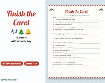May include: A printable Finish the Carol game sheet featuring sixteen Christmas song lyrics with missing words to fill in. The document includes a title, musical notes, a tree, a bell icon, and a numbered list of song lines.
