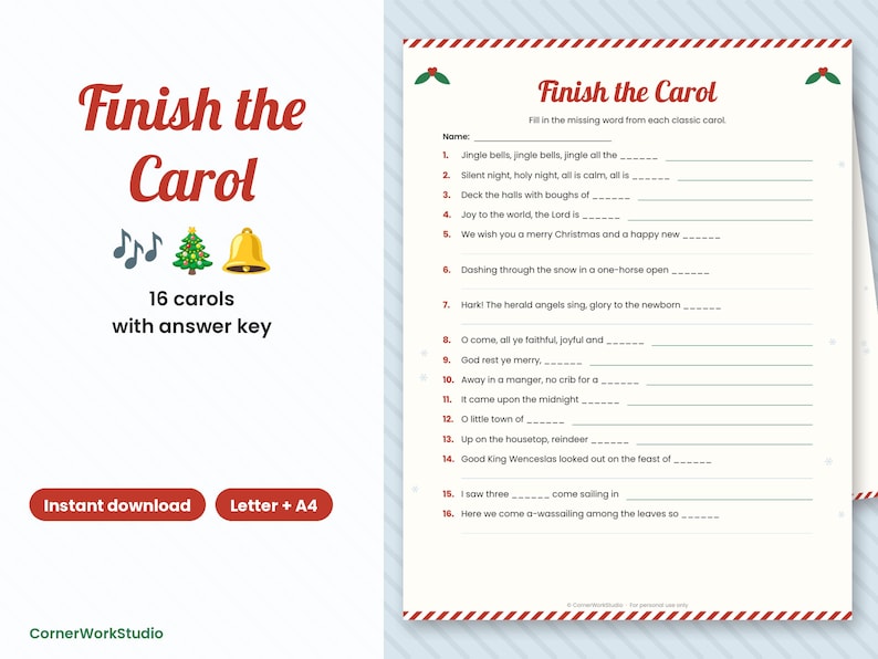 Completa el juego de villancicos navideños, cuestionario imprimible con letras de canciones navideñas, juego para fiestas navideñas con respuestas. imagen 1