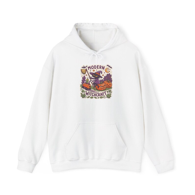 Modern Witchcraft Cat Robot Vacuum Halloween Hoodie, Funny Spooky Season Hoodie, Quirky Halloween Gift image 1