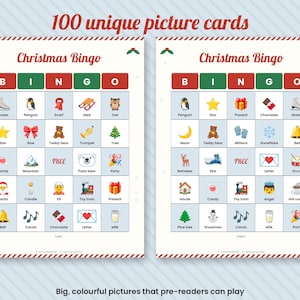 May include: Two Christmas Bingo game cards featuring 100 unique picture cards. Each card has a grid with the letters BINGO in red and green, containing various holiday-themed icons like a penguin, star, present, and tree. The text reads 100 unique picture cards.