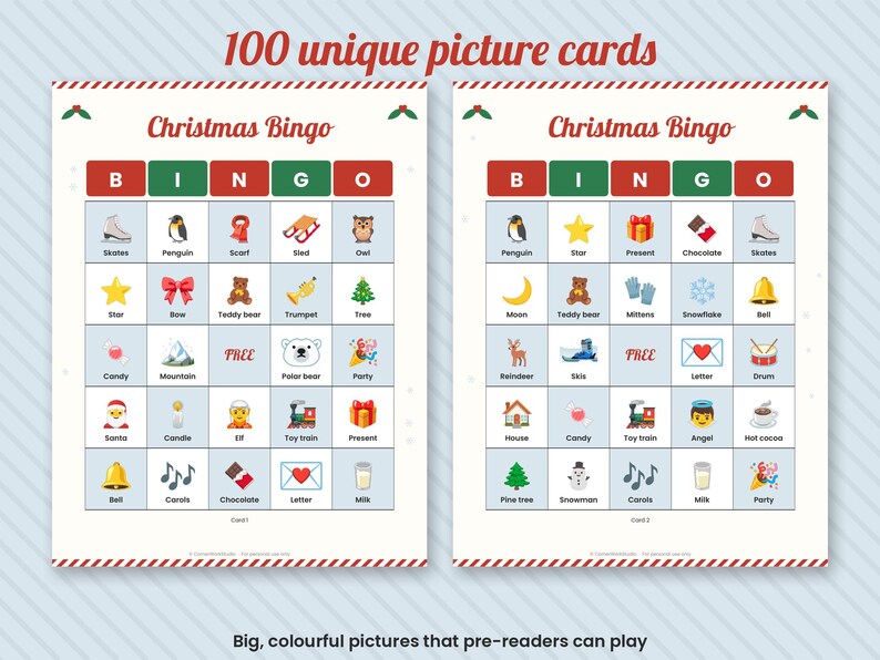 May include: Two Christmas Bingo game cards featuring 100 unique picture cards. Each card has a grid with the letters BINGO in red and green, containing various holiday-themed icons like a penguin, star, present, and tree. The text reads 100 unique picture cards.