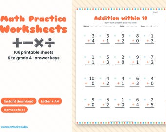 May include: A math practice worksheet titled Addition within 10 featuring twenty addition problems with single-digit numbers. The page includes blank lines for name, date, and score, with a colorful dotted border and the text CornerWorkStudio.