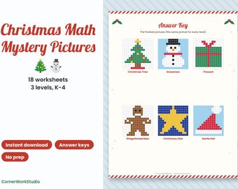 Op de afbeelding: Een set van 18 kerst-wiskundewerkbladen verdeeld over 3 niveaus voor groep 1 tot en met 6. Het document bevat een antwoordsleutel met pixel art-ontwerpen van een kerstboom, sneeuwman, cadeau, peperkoekmannetje, ster en kerstmuts.