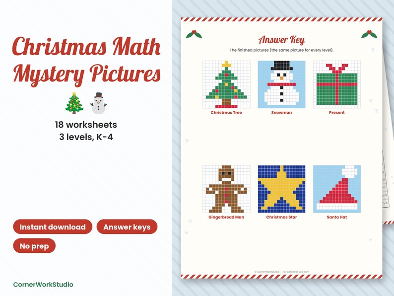 Kerstwiskunde raadselplaatjes, kleurplaten op nummer voor groep 1 t/m 4 (digitale download) afbeelding 1