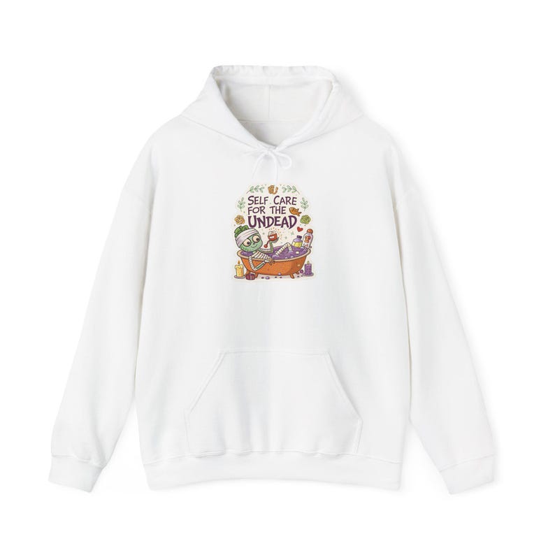 Self Care For The Undead Mummy Spa Halloween Hoodie, Funny Spooky Season Hoodie, Quirky Halloween Gift image 1