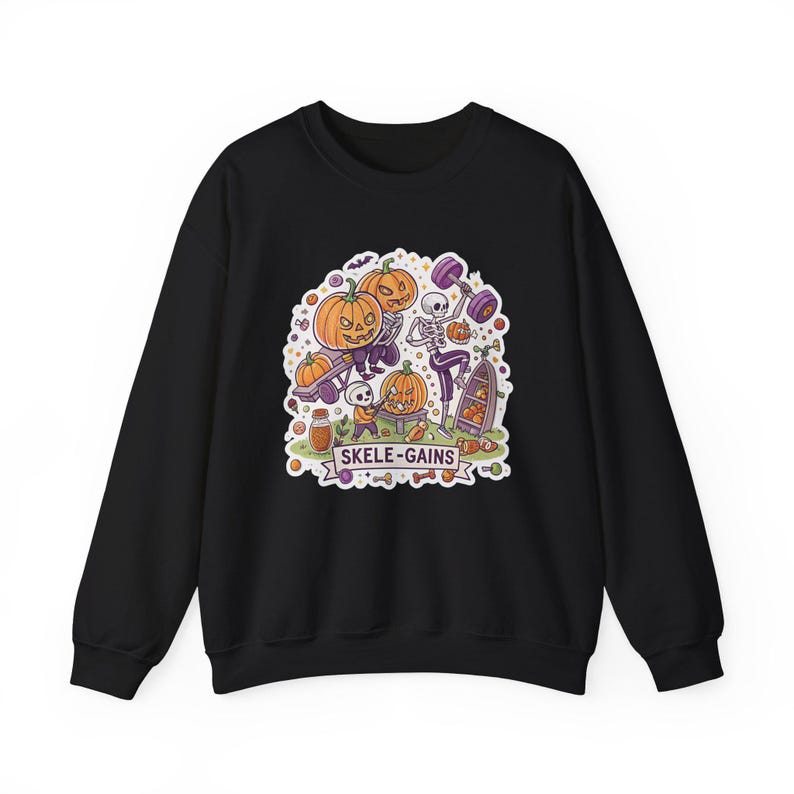 Skele-Gains Skeleton Gym Halloween Sweatshirt, Funny Spooky Season Sweatshirt, Quirky Halloween Gift 画像 2