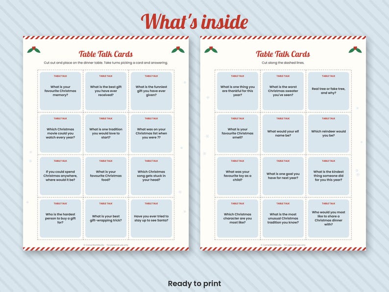 Tarjetas de conversación navideñas para la mesa, temas imprimibles para iniciar conversaciones en la cena de Navidad, juego de mesa familiar imagen 2