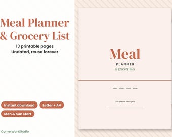 May include: A printable meal planner and grocery list set featuring 13 pages. The cover page is light pink with terracotta text reading Meal PLANNER & grocery lists, plan shop cook save, and a line for a name. Includes labels for instant download.