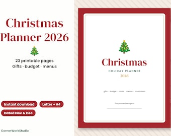 May include: A Christmas Planner 2026 with 23 printable pages for gifts, budget, and menus. The cover features a red border, a small Christmas tree icon, and the text Christmas Holiday Planner 2026. Includes sections for gifts, budget, cards, menus, and countdown.