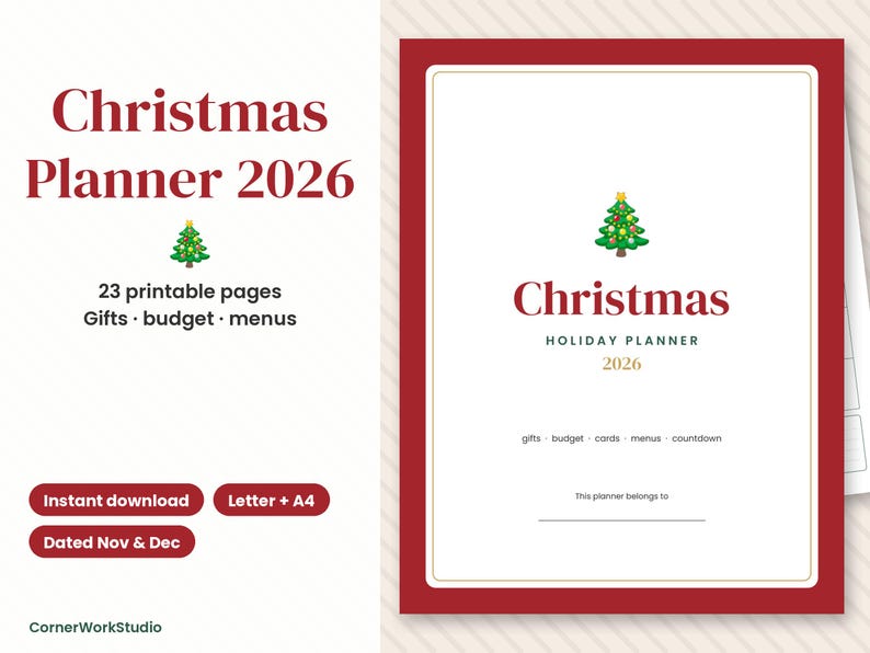 2026 Christmas Planner Printable, Holiday Budget, Gift Tracker, Menu (Digital Download) image 1