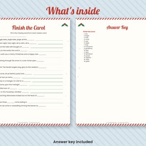 Completa el juego de villancicos navideños, cuestionario imprimible con letras de canciones navideñas, juego para fiestas navideñas con respuestas. imagen 2