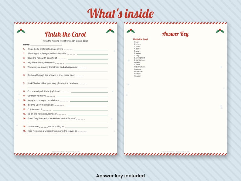 Completa el juego de villancicos navideños, cuestionario imprimible con letras de canciones navideñas, juego para fiestas navideñas con respuestas. imagen 2