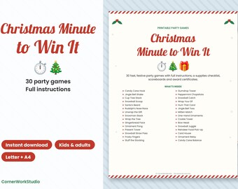May include: A printable party game set titled Christmas Minute to Win It, featuring 30 festive games with instructions, a supplies checklist, scoreboards, and award certificates. The document includes a list of game titles and holiday icons.