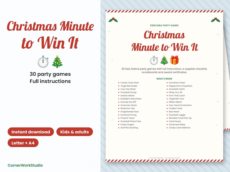 30 Christmas Minute to Win It Games, Festive Party Challenges (Digital Download) image 1