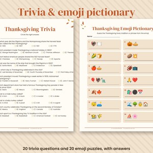 May include: Two printable activity sheets titled Trivia & emoji pictionary. The left sheet features Thanksgiving Trivia with eleven multiple-choice questions. The right sheet contains a Thanksgiving Emoji Pictionary with fourteen numbered emoji puzzles.