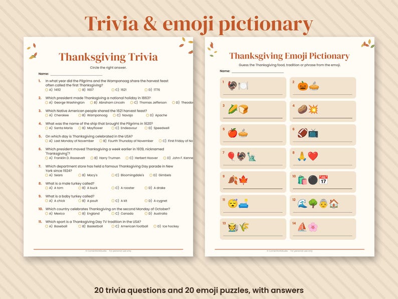May include: Two printable activity sheets titled Trivia & emoji pictionary. The left sheet features Thanksgiving Trivia with eleven multiple-choice questions. The right sheet contains a Thanksgiving Emoji Pictionary with fourteen numbered emoji puzzles.
