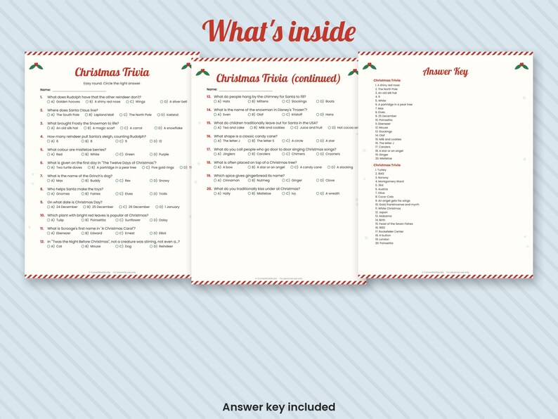 Gioco a quiz natalizio stampabile, livelli facili e difficili, gioco per feste (download digitale) immagine 2
