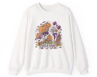Skele-Gains Skeleton Gym Halloween Sweatshirt, Funny Spooky Season Sweatshirt, Quirky Halloween Gift