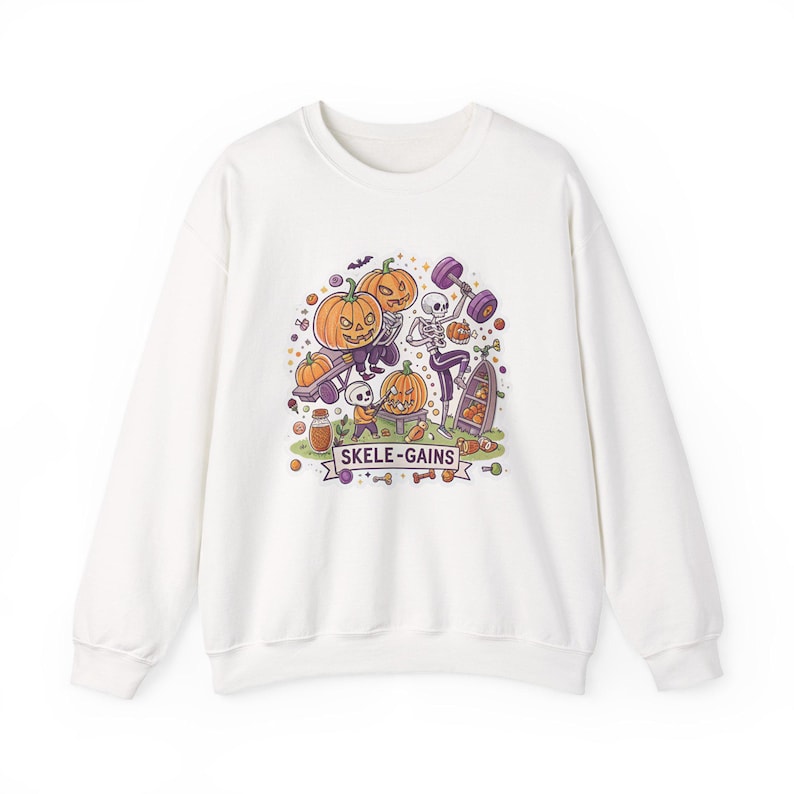Skele-Gains Skeleton Gym Halloween Sweatshirt, Funny Spooky Season Sweatshirt, Quirky Halloween Gift 画像 1