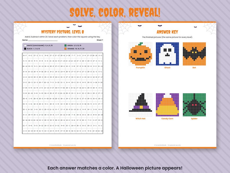 Halloween Math Mystery Pictures, Color by Number Worksheets K-4 (Digital Download) image 2